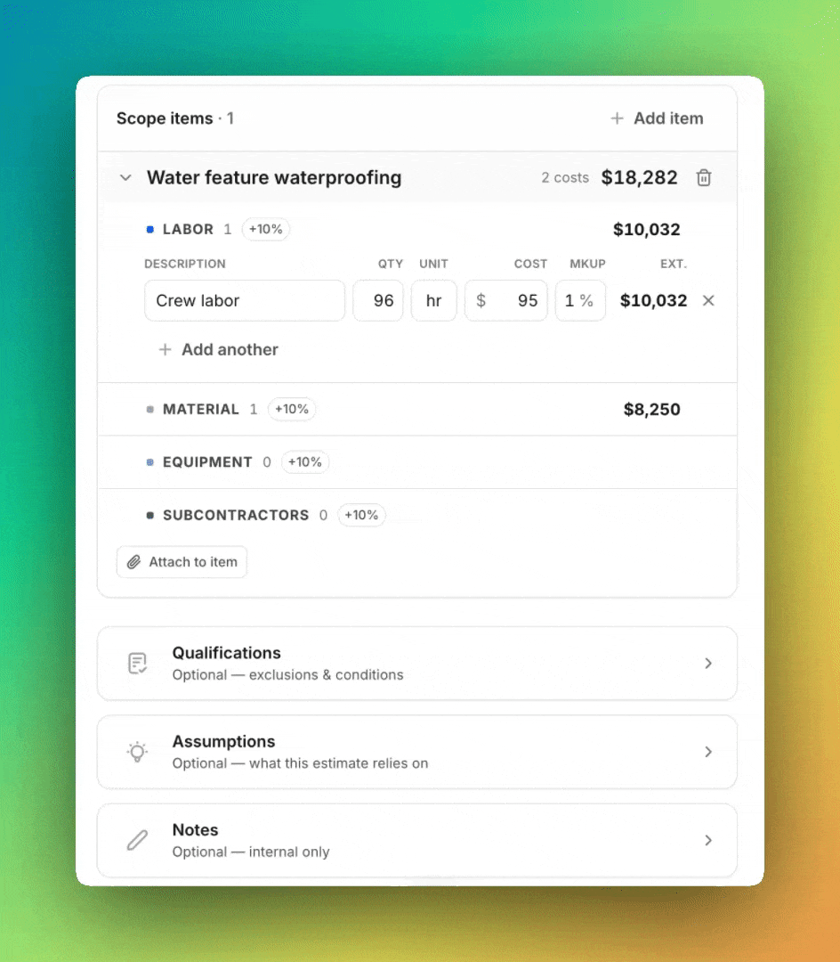 Nova estimate editor — dollar amounts stay in editable cost fields for a human to confirm, never silently committed