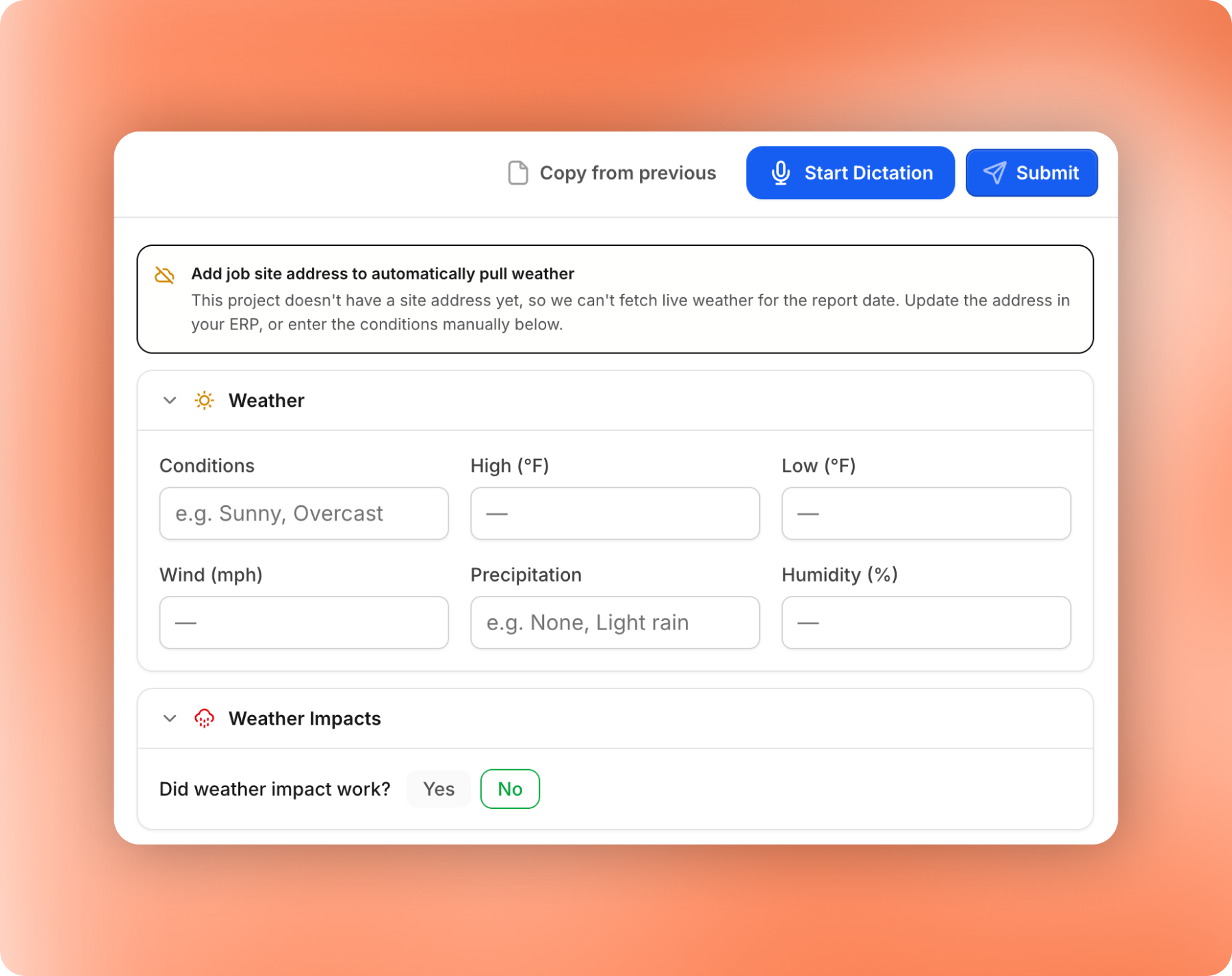 Early Nova editor — a long weather form with a Start Dictation button bolted on top