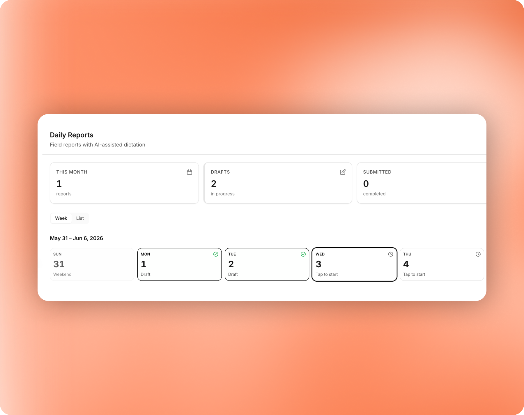 Early Nova dashboard — vanity count tiles (this month, drafts, submitted) above a week view
