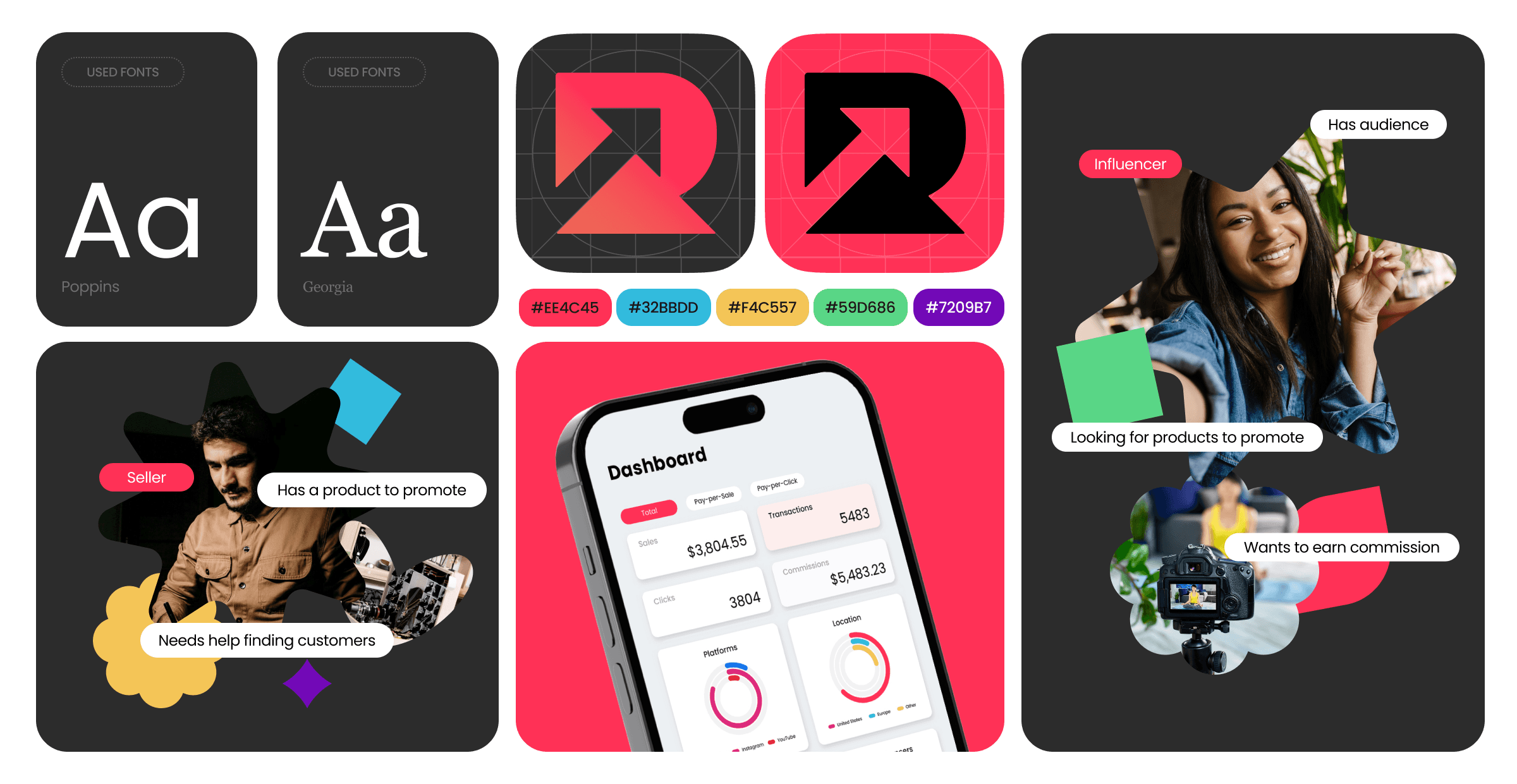 RockitBoost brand board: Poppins and Georgia type, the arrow-R mark, palette, a dashboard on a phone, and the seller and influencer personas